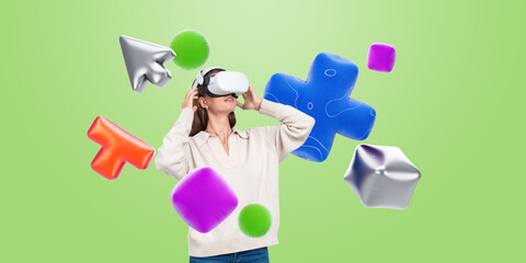 Woman exploring virtual reality with a VR headset, colorful shap