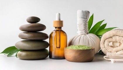 spa still life with oils white background