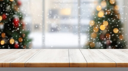 Wooden tabletop, imaginary pine trees and windows, snow outside