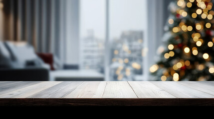 Wooden tabletop, imaginary pine trees and windows, snow outside