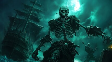 Skeleton pirate standing on shore with a ghostly ship sailing under the moonlight