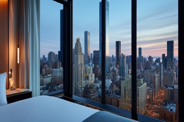 Serene View of Urban Skyline from Modern Hotel Room at Dusk with Glass Windows Illuminating City Lights and Towering Skyscrapers in New York City