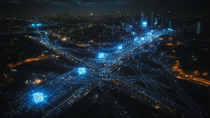 Obraz premium Smart digital Innovation city with connection network reciprocity over the cityscape. of future smart wireless digital city and social media networking systems that connects people with in city