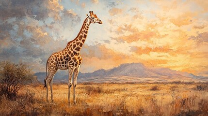 Obraz premium Giraffe at Sunset in African Savanna: A Majestic Wildlife Painting