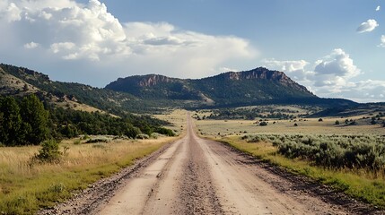Naklejka premium Scenic Dirt Road Through Prairie Landscape. Concept of Adventure, Freedom, and Exploration.