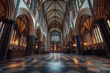 the interior of a grand cathedral featuring stained glass windows and checkered flooring