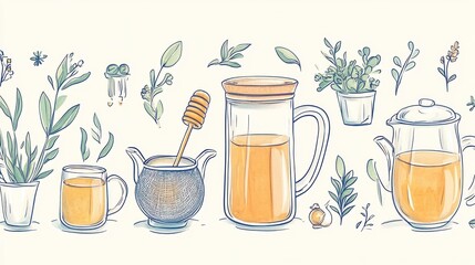 Herbal Tea Brewing Illustration with Various Herbs and Teaware