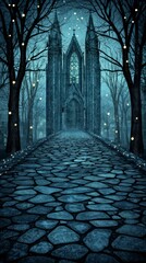 Obraz premium Enchanting Gothic Church Night Scene Cobblestone Path Dark Trees Fantasy