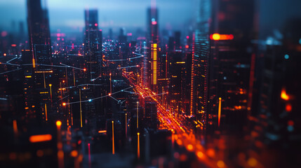 Obraz premium Smart digital Innovation city with connection network reciprocity over the cityscape. of future smart wireless digital city and social media networking systems that connects people with in city