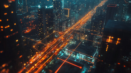 Obraz premium Smart digital Innovation city with connection network reciprocity over the cityscape. of future smart wireless digital city and social media networking systems that connects people with in city