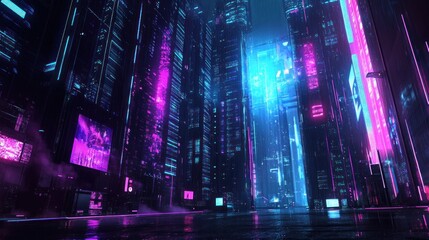Futuristic cyberpunk city at night with neon lights reflecting on wet streets.