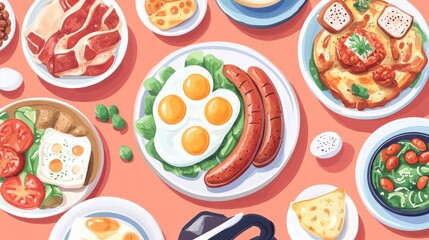 A Delicious Variety Of Breakfast Foods Arranged On A Table