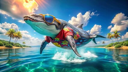 A Playful Whale in Oversized Sunglasses and a Hawaiian Shirt, Floating Joyfully in a Bright Tropical Ocean Setting, Capturing a Whimsical Summer Vibe with Vibrant Colors and Fun Elements