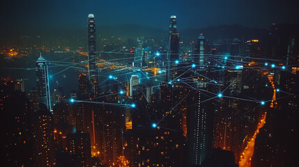 Fototapeta premium Smart digital Innovation city with connection network reciprocity over the cityscape. of future smart wireless digital city and social media networking systems that connects people with in city