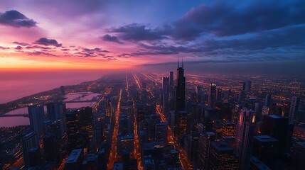 Fototapeta premium Chicago Skyline at Sunset. Urban Cityscape, Architecture, and Travel.