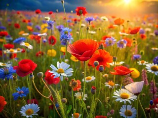 Abstract Art of a Meadow with Poppies, Daisies, and Wildflowers in Low Light Photography Style, Capturing the Beauty and Serenity of Nature's Colorful Palette at Dusk
