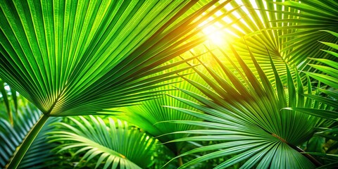 A Vibrant Closeup of Lush Green Tropical Foliage Highlighting Sundrenched Palm Leaves for a Serene Nature Escape in a Tropical Paradise