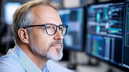 Fototapeta premium A focused professional analyzes data on multiple screens in a tech-driven environment, showcasing expertise in his field.