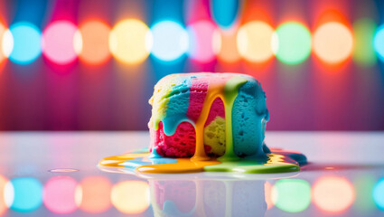 Melting Neon Ice Cream Cube with Glowing Drips and Reflections