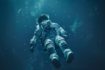 Fototapeta premium An astronaut with advanced cybernetic enhancements floats weightlessly in the vast expanse of space, surrounded by a field of stars, A cybernetically-enhanced astronaut floating in zero gravity