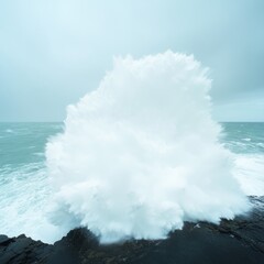 Fototapeta premium Dramatic Ocean Waves Crashing Against Rocky Shoreline in Stormy Weather
