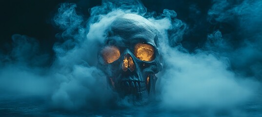 Fototapeta premium Skull Fog In Dark Halloween Background - Real Mist On Black Floor,