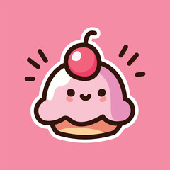 Kawaii Ice Cream Illustration with Cherry on Pink Background - Cute Dessert Art