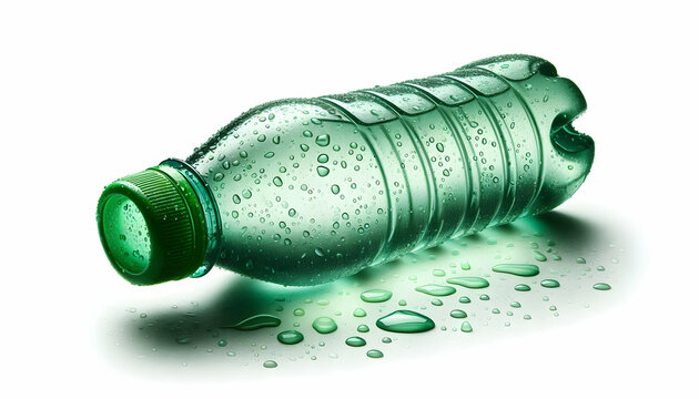Plastic A small green plastic water bottle lying horizontally with visible water droplets on its surface, is2