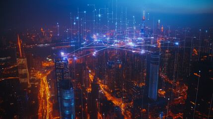 Obraz premium Smart digital Innovation city with connection network reciprocity over the cityscape. of future smart wireless digital city and social media networking systems that connects people with in city