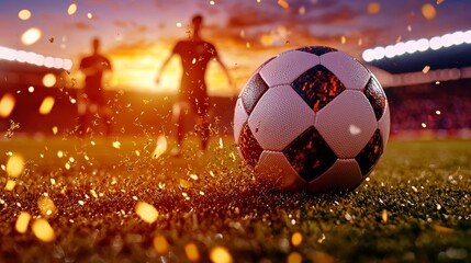 Fototapeta premium A close-up of a soccer ball on the field with players in the background, illuminated by a vibrant sunset, capturing the essence of the game.