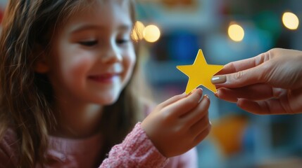 A close-up of a teacher giving a gold star to a student, highlighting extrinsic motivational rewards.