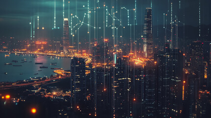 Fototapeta premium Smart digital Innovation city with connection network reciprocity over the cityscape. of future smart wireless digital city and social media networking systems that connects people with in city