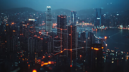 Fototapeta premium Smart digital Innovation city with connection network reciprocity over the cityscape. of future smart wireless digital city and social media networking systems that connects people with in city