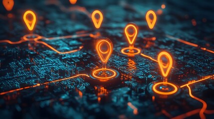  A digital map displaying a location with two pins set, representing AI technology in GPS, innovation in delivery services, and map location for future transport logistics 