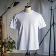 plain white t-shirt on a mannequin in a studio setting