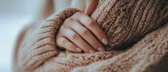 close up of hand on a chunky knitted sweater