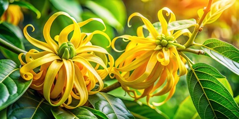 Obraz premium Beautiful Double Exposure Photography of Ylang Ylang Yellow Flowers with Local Flora Arrangement in a Postcard Style Flat Lay for Nature Enthusiasts and Floral Art Lovers