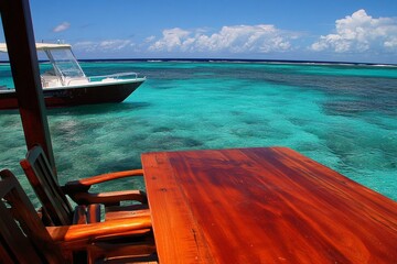 Obraz premium Tranquil Coastal Retreat with Wooden Table Overlooking Crystal Clear Water and Boat in Vibrant Tropical Setting Beneath a Bright Blue Sky