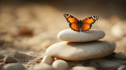 Orange butterfly perched on balanced stones on sandy beach at sunset.