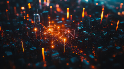 Obraz premium Smart digital Innovation city with connection network reciprocity over the cityscape. of future smart wireless digital city and social media networking systems that connects people with in city