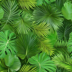 Lush green tropical leaves create vibrant and seamless pattern, showcasing various shapes and textures. This natural design evokes sense of tranquility and freshness