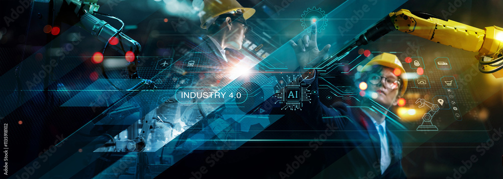 Aufkleber Manager engineer touching industry 4.0 network and control automation robot arms machine with ai technology on interface data real time in intelligent factory, Manufacturing of Industrial digital.