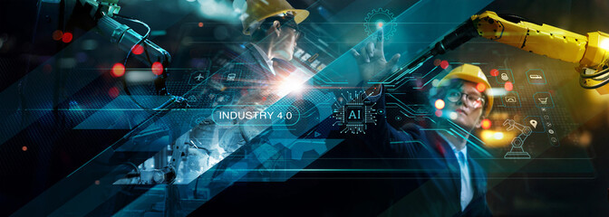 Manager engineer touching industry 4.0 network and control automation robot arms machine with ai technology on interface data real time in intelligent factory, Manufacturing of Industrial digital.