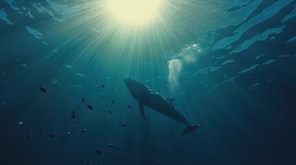 Whale underwater, sunlight beams through surface.