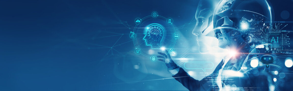 AI technology, Machine learning, AI, Artificial Intelligence, Businessman using Ai technology smart for strategy and plan business by enter command prompt, Chatbot, Innovation futuristic technology - Powered by Adobe