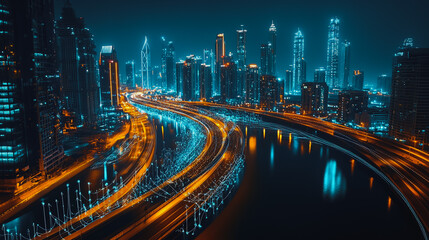 Obraz premium Smart digital Innovation city with connection network reciprocity over the cityscape. of future smart wireless digital city and social media networking systems that connects people with in city