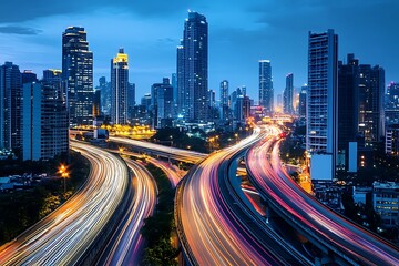Fototapeta premium Urban Expressway at Night. Concept of city life, transportation, and urban development.