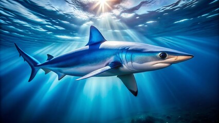 Fototapeta premium Captivating Blue Shark Swimming Gracefully in the Deep Ocean Blue Waters, Showcasing Its Sleek Body and Stunning Colors Amidst a Vibrant Marine Environment