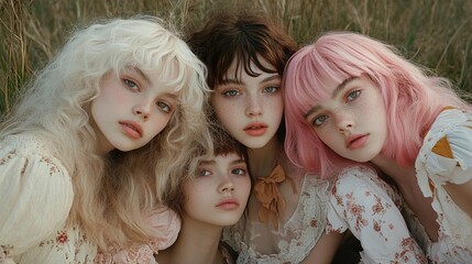 Obraz premium Four young women with different hair colors posing together in a field