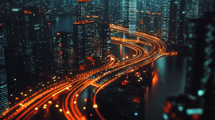 Fototapeta premium Smart digital Innovation city with connection network reciprocity over the cityscape. of future smart wireless digital city and social media networking systems that connects people with in city